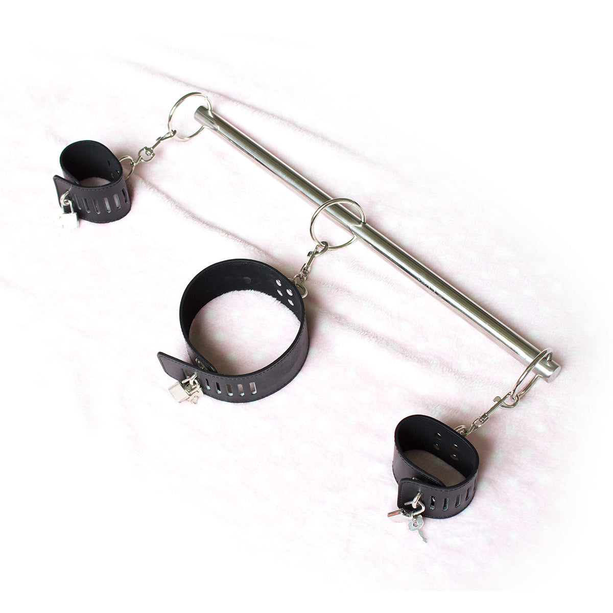 Undetachable Steel Spreader Bar with Collar and Handcuffs - Bondage Spreader Bar with Lock Leather Restraints Wrist Cuff and Collar for BDSM Dominatrix Kinky Fetish